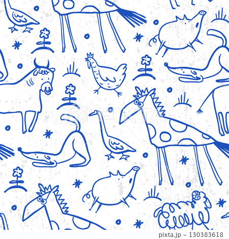 Seamless farm animals pattern with funny doodle line drawing design 130383618