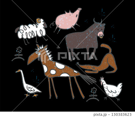 Funny doodle farm animals collection with cartoon vintage rustic style Funny doodle farm animals collection with cartoon vintage rustic style 130383623