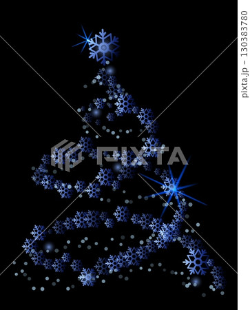 A stunning vector illustration features a christmas tree formed entirely by intricate snowflakes against a black backdrop. Sparkling stars enhance the festive feel, inviting holiday cheer 130383780