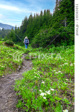Female Hiker on Mountain Trail in Spring 130383851