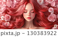 Young woman with red hair is dreaming on pink roses. 130383922
