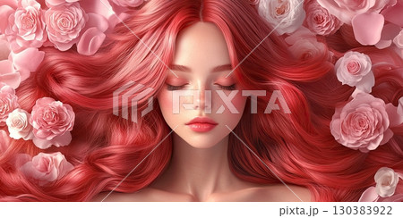 Young woman with red hair is dreaming on pink roses. 130383922