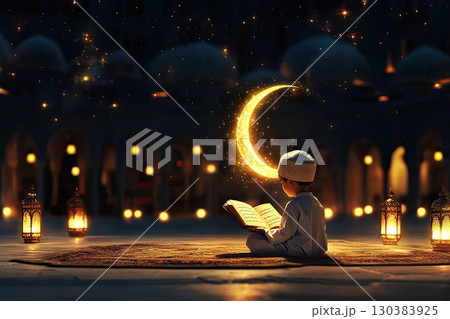 Little Muslim boy reads the Quran under the moon and stars. 130383925
