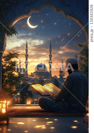 Muslim reads the Quran under the moon and stars in Arabic city. 130383926