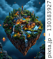 Fantastic flying island with refineries, oil pumps and houses 130383927