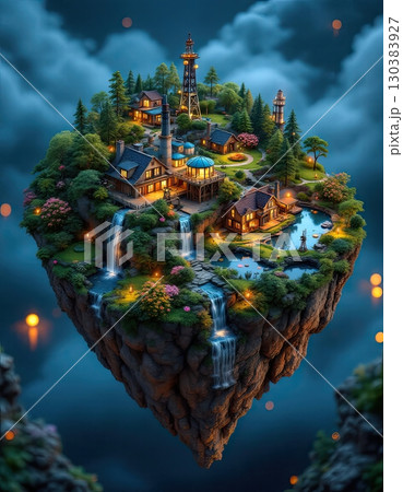 Fantastic flying island with refineries, oil pumps and houses 130383927