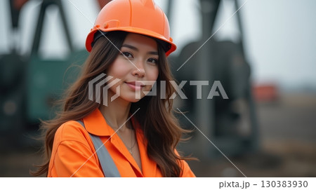 Asian female oilfield technician is at work at the pumpjack. 130383930
