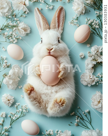 Easter Bunny with a pink egg on among flowers on blue background. 130383931