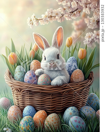 Illustration of basket with eggs and spring flowers and Easter bunny. 130383932