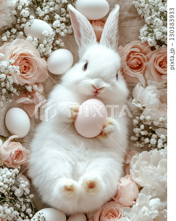 Easter Bunny with a pink egg on among flowers on pink background. 130383933