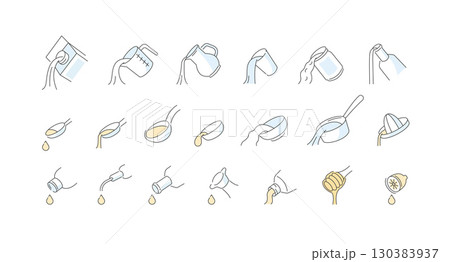 Cooking weights and measures icons set. Liquid culinary ingredients. Typical kitchen containers, utensils for different recipes Cooking weights and measures icons set. Liquid culinary ingredients. Typical kitchen containers, utensils for different recipes 130383937