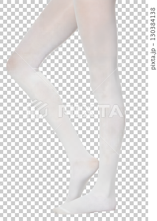 White ballet tights, footed, worn on dancer's legs isolated on transparent background, dancewear and practice concept White ballet tights, footed, worn on dancer's legs isolated on transparent background, dancewear and practice concept 130384138