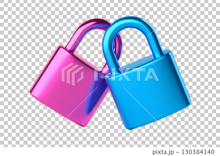 Intertwined padlocks in pink and blue, symbol of love and security, romance commitment concept 130384140