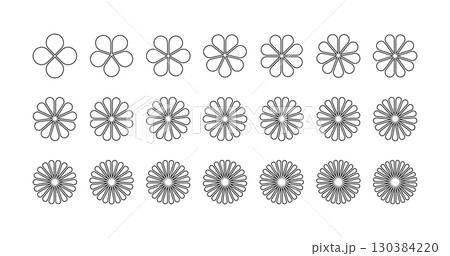 Flower petal shape icons set. Infographic circle diagram. Pie simple chart. Flower leaves geometric graphic element. Round wheel chart. Line vector illustration isolated on white background Flower petal shape icons set. Infographic circle diagram. Pie simple chart. Flower leaves geometric graphic element. Round wheel chart. Line vector illustration isolated on white background 130384220