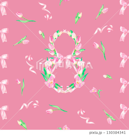 Festive seamless pattern with a beautiful composition of the number eight for International Women's Day with pink tulips, ribbons, bow and gold pearls, hand drawn in watercolor. 130384341