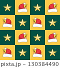 Seamless checkered pattern with Santa hats and stars on yellow and green squares 130384490