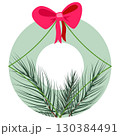 Vector Christmas wreath with pine branches and red bow on green circle background 130384491
