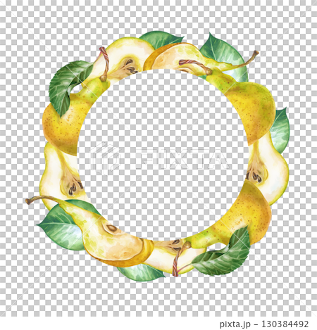 Watercolor round frame made of whole pears, pieces of pear and green leaves. Botanical illustration on a white background. Ripe fruit template with an empty place to insert Watercolor round frame made of whole pears, pieces of pear and green leaves. Botanical illustration on a white background. Ripe fruit template with an empty place to insert 130384492