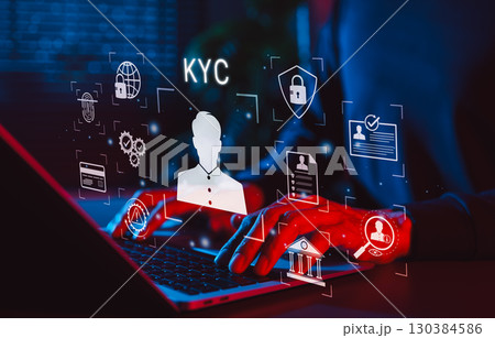 KYC Know Your Customer Identity Verification Concept. User types on laptop with KYC icons, identity verification, biometric authentication, data privacy, customer onboarding in financial technology 130384586