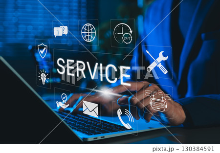 Technical Support and Customer Service Technology Concept. Business person using laptop with service icons representing customer support, assistance, 24/7 help, and communication channels in digital. Technical Support and Customer Service Technology Concept. Business person using laptop with service icons representing customer support, assistance, 24/7 help, and communication channels in digital. 130384591