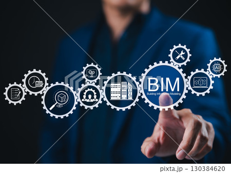 BIM Building Information Modeling Technology Concept. A professional interacts with BIM tech icons, 3D modeling, architecture planning, AI, project collaboration, software, smart construction elements BIM Building Information Modeling Technology Concept. A professional interacts with BIM tech icons, 3D modeling, architecture planning, AI, project collaboration, software, smart construction elements 130384620