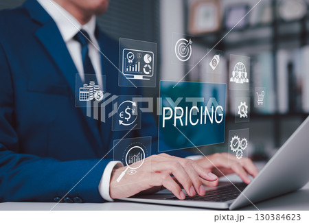 Pricing Strategy and Market Analysis Concept. Businessman using laptop with icon representing pricing strategies, financial analysis, global market, currency exchange, data decision-making in commerce Pricing Strategy and Market Analysis Concept. Businessman using laptop with icon representing pricing strategies, financial analysis, global market, currency exchange, data decision-making in commerce 130384623