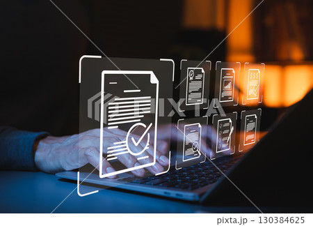 Document Review and Approval Process Concept. Person typing on laptop with icons representing document review, approval, quality checks, compliance, audit, checklist, certificate workflow management, 130384625