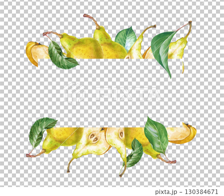 A rectangular frame made of hand-drawn whole ones, slices of ripe pears and green leaves. Watercolor illustration on a white background. A botanical fruit template with an empty place to insert. A rectangular frame made of hand-drawn whole ones, slices of ripe pears and green leaves. Watercolor illustration on a white background. A botanical fruit template with an empty place to insert. 130384671