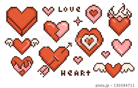 Pixel hearts set. Retro 8 bit abstract love symbols, pixelated romance, friendship heart icons, 2D pixel art game asset. Vector isolated collection. Broken heart with amour arrow valentine day sign. 130384711