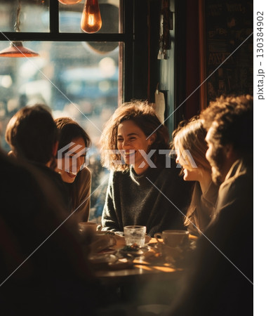 Group of happy young adults spending leisure time together in cozy cafe, enjoying conversation and laughter over coffee and snacks, bathed in warm sunlight 130384902