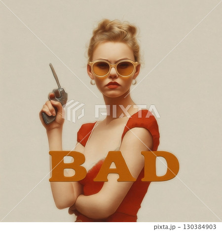 Stylish secret agent woman confidently holding a walkie talkie with folded arms, wearing sunglasses and a striking red dress, exuding a powerful aura with the word bad superimposed 130384903