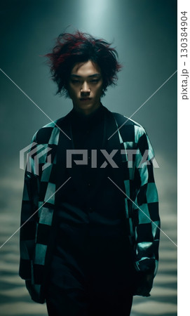 Fashion portrait of a cool young japanese man with modern red highlighted hair, wearing a checkered kimono style jacket, exuding style and cultural fusion in dramatic studio lighting 130384904