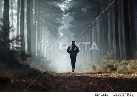 Jogging down a winding path in a misty forest, a man relishes the tranquility of nature while breathing in the fresh morning air, surrounded by towering trees and soft fog 130384910