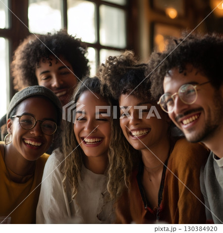 Five cheerful young multi ethnic friends are enjoying their time together, laughing and smiling in a cozy cafe, creating a warm and joyful atmosphere 130384920