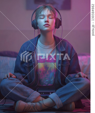 Serene young woman enjoying music through headphones, sitting in a meditative pose with a vintage cassette player and bathed in a vibrant neon glow, creating a nostalgic and atmospheric scene 130384982