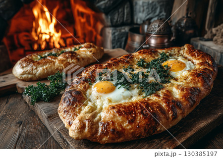 Savoring Georgian cuisine with khachapuri and eggs on rustic wooden table Savoring Georgian cuisine with khachapuri and eggs on rustic wooden table 130385197