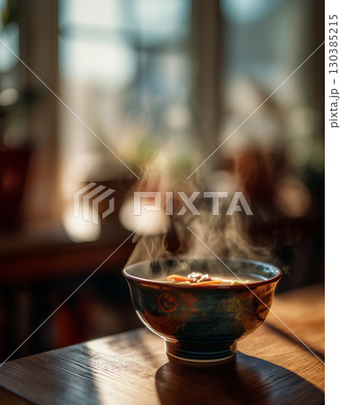 Warm miso soup bowl releasing steam in a cozy sunlit kitchen 130385215