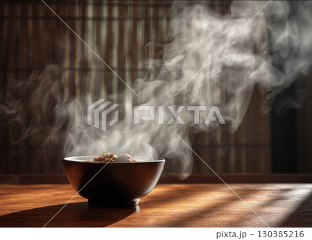 Comforting steam rises from a rich birria consome bowl at sunset 130385216