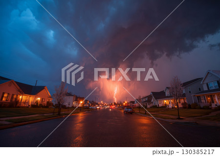 Stormy night over residential street with dramatic clouds and lightning 130385217