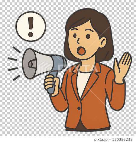 一位女士用擴音器宣布訊息/平面插圖，展示公告、公共關係和客戶獲取 130385238