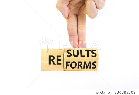 Reform and result symbol. Concept words Reforms Results on beautiful wooden block. Beautiful white table white background. Businessman hand. Business Reforms and results concept. Copy space. 130385308
