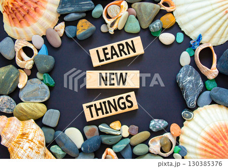 Learn new things symbol. Concept words Learn new things on beautiful wooden blocks. Beautiful black background. Sea shells and sea stones. Business motivational learn new things concept. Copy space Learn new things symbol. Concept words Learn new things on beautiful wooden blocks. Beautiful black background. Sea shells and sea stones. Business motivational learn new things concept. Copy space 130385376