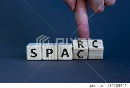 SPARC, special purpose acquisition rights company symbol. Cubes with words 'SPARC, SPAC' on beautiful grey background, copy space. Business, SPARC, special purpose acquisition rights company concept. 130385445