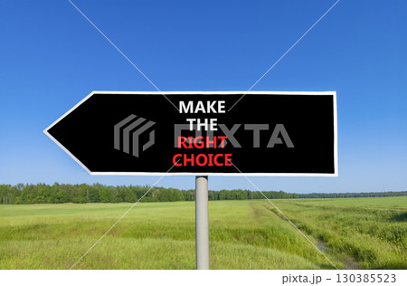 Make the right choice symbol. Concept words phrase Make the right choice on beautiful road sign. Beautiful blue sky green grass lawn background. Business Make the right choice concept. Copy space. Make the right choice symbol. Concept words phrase Make the right choice on beautiful road sign. Beautiful blue sky green grass lawn background. Business Make the right choice concept. Copy space. 130385523