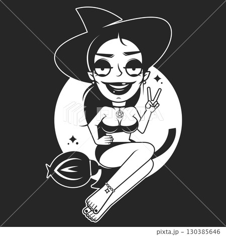 Vector witch flying on a broomstick on background. 130385646