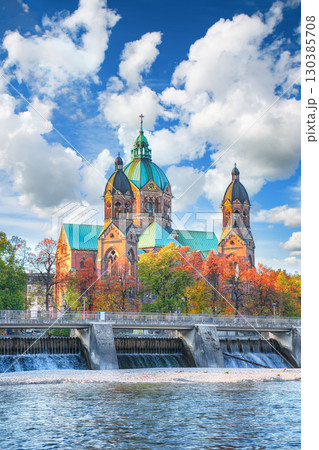 Amazing autumn view on Saint Lucas Church (Lukas kirche), the largest Protestant church in Munich 130385708