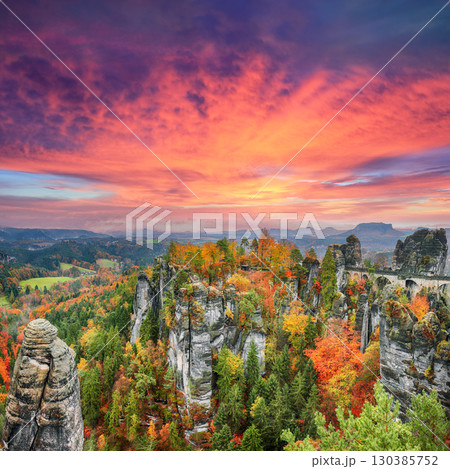 Amazing utumn landscape in Saxon Switzerland National Park and  Bastei bridge. 130385752