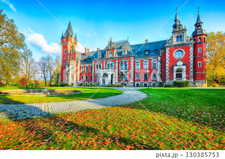 Amazing  autumn landscape with Plawniowice palace. 130385753