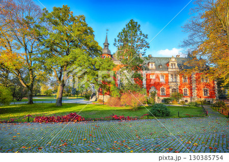 Amazing  autumn landscape with Plawniowice palace. 130385754