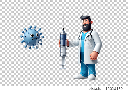 3d cartoon doctor character fighting giant virus cell with syringe, vaccine vs illness concept, fun health illustration 3d cartoon doctor character fighting giant virus cell with syringe, vaccine vs illness concept, fun health illustration 130385794